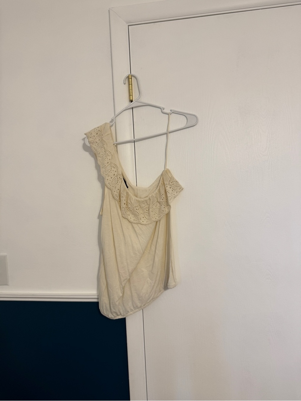 American Eagle Outfitters Cream Eyelet Ruffle One Shoulder Top